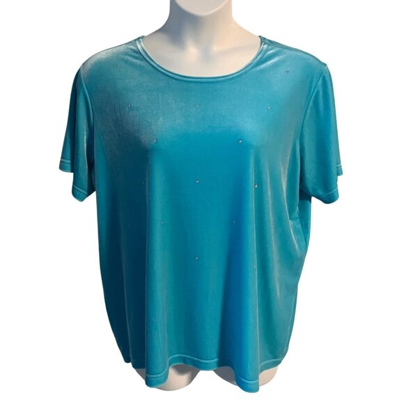 Quacker Factory Size 1X Velvet Blue Short Sleeve Shirt Rhinestone Embellishments - Picture 1 of 7